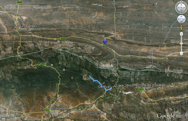 Wide angle Google Earth view of the route including Oudtshoorn, PRince Albert and De Rust
